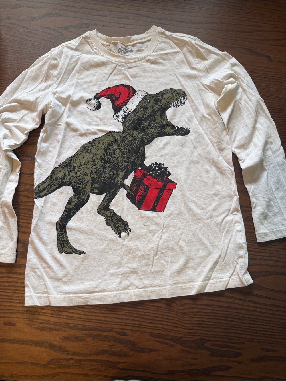OshKosh B'gosh White Long-Sleeve Dino Tee with Red Santa Hat and Present
